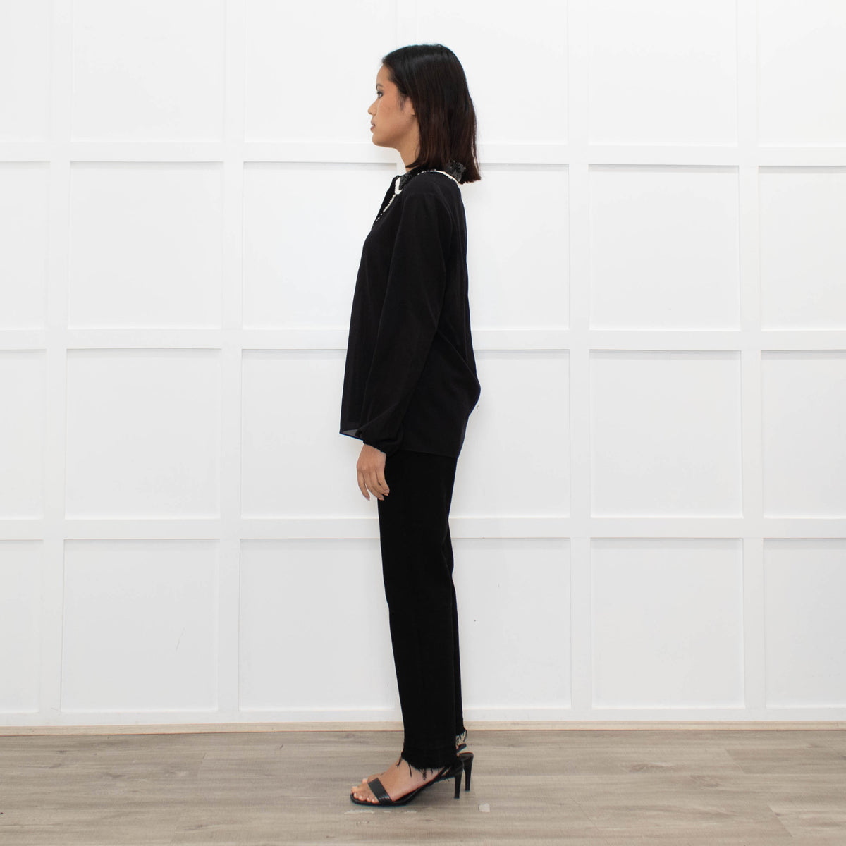 Alice + Olivia Black On Black Sequin White Frill Detail Silk Top