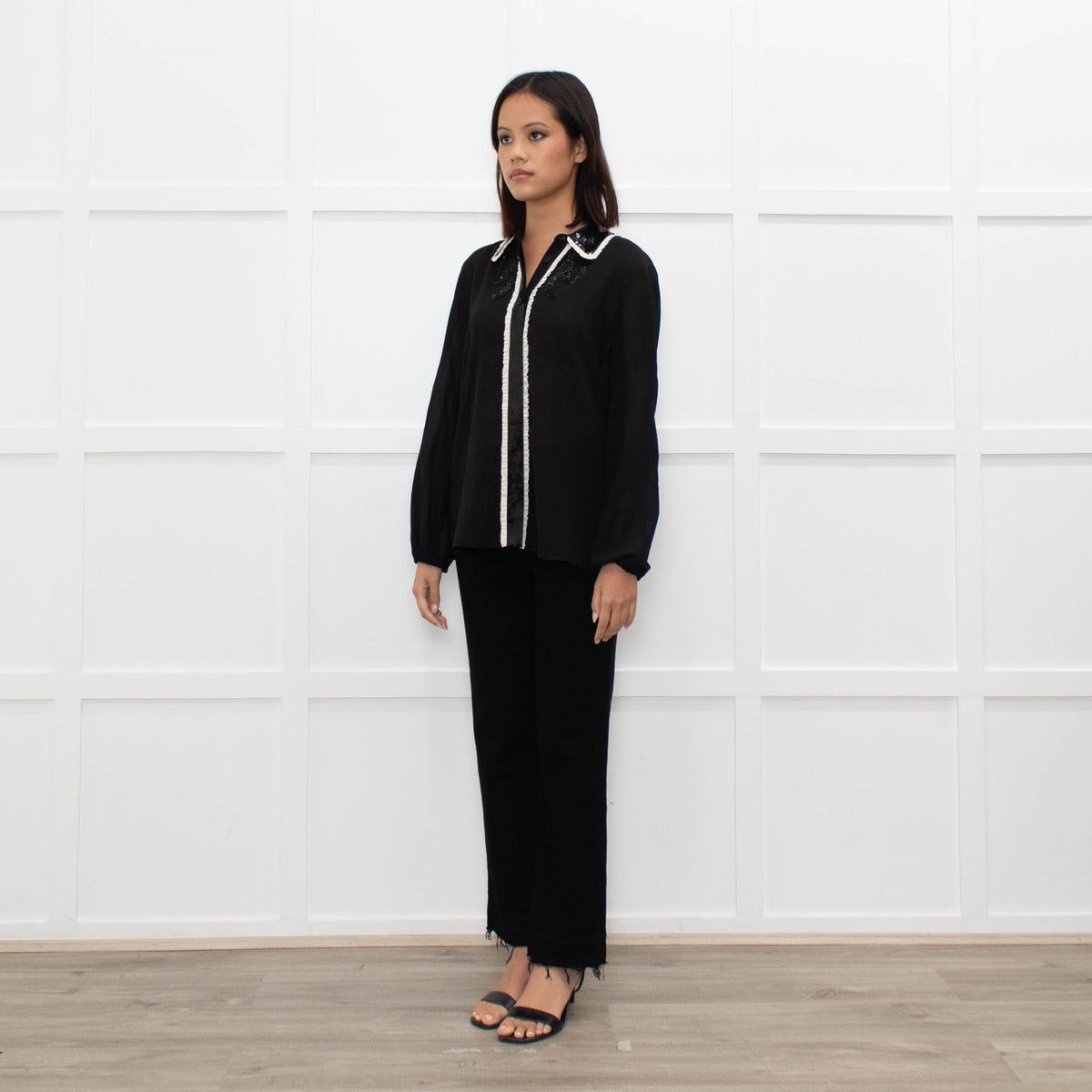 Alice + Olivia Black On Black Sequin White Frill Detail Silk Top