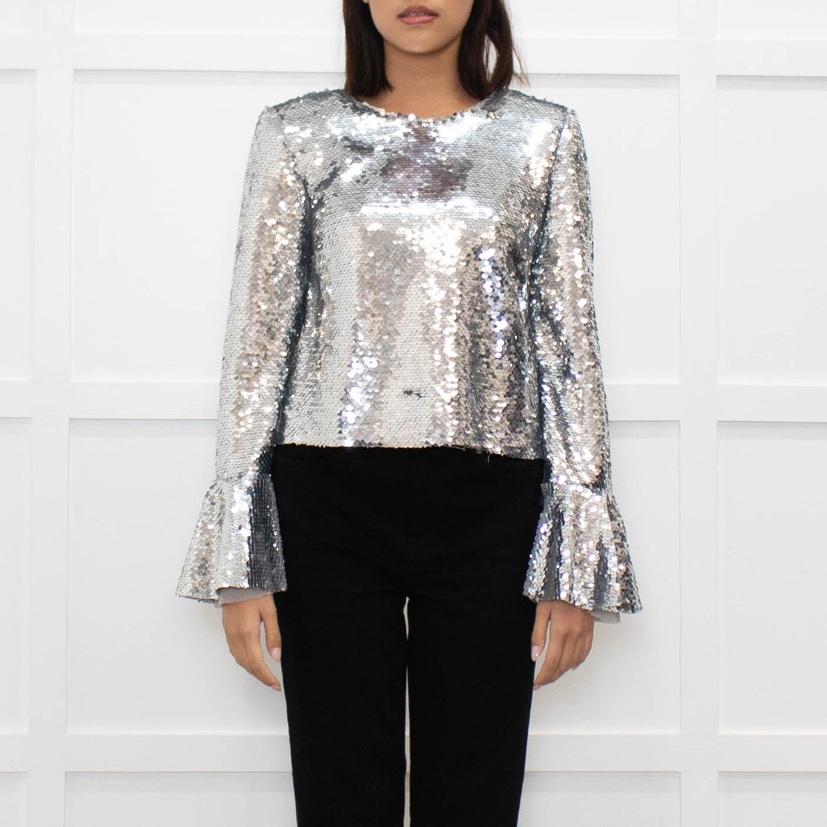 Self Portrait Silver Sequin Long Sleeve Top