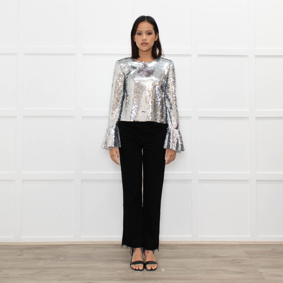Self Portrait Silver Sequin Long Sleeve Top