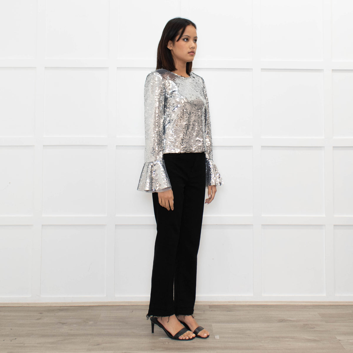 Self Portrait Silver Sequin Long Sleeve Top