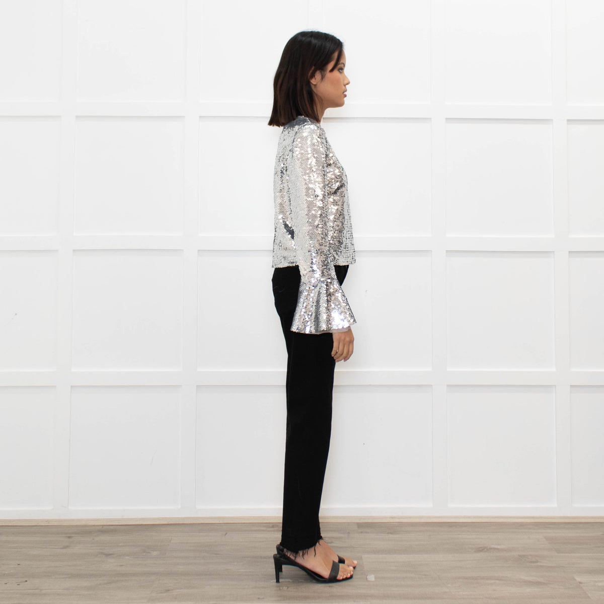 Self Portrait Silver Sequin Long Sleeve Top
