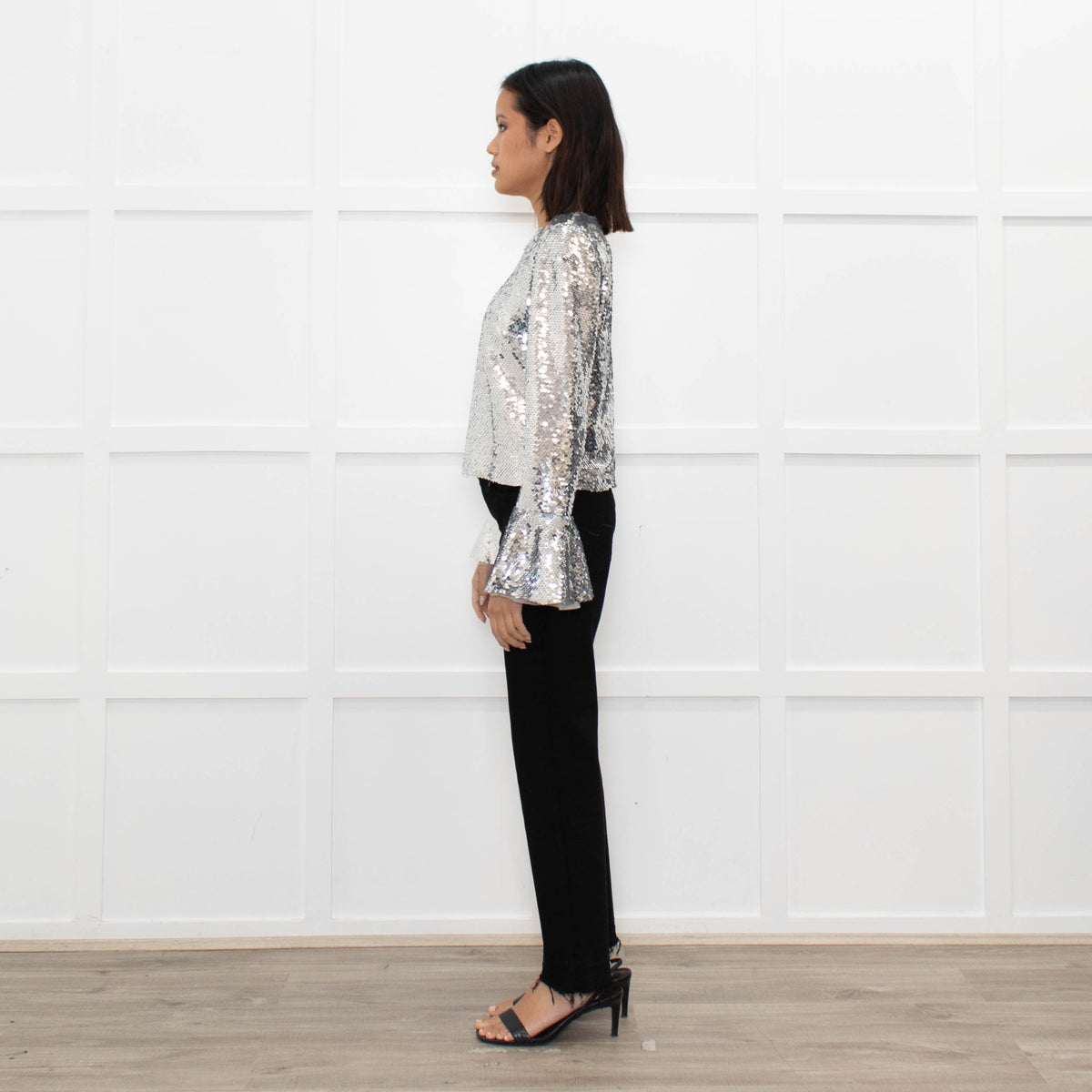 Self Portrait Silver Sequin Long Sleeve Top
