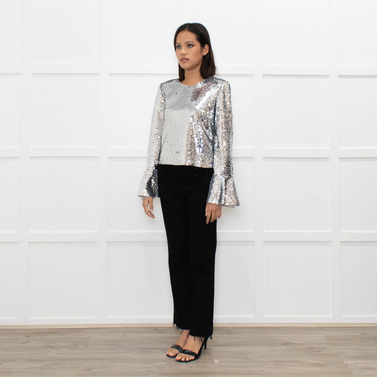Self Portrait Silver Sequin Long Sleeve Top