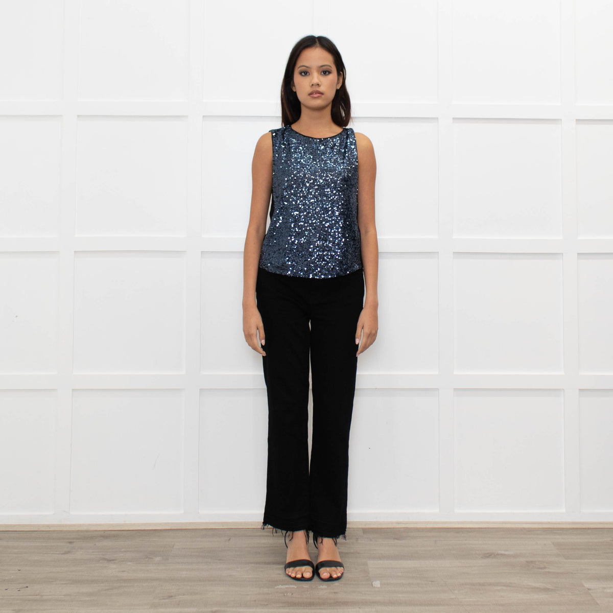 Maje Black Blue Front Sequins Sleeveless Top