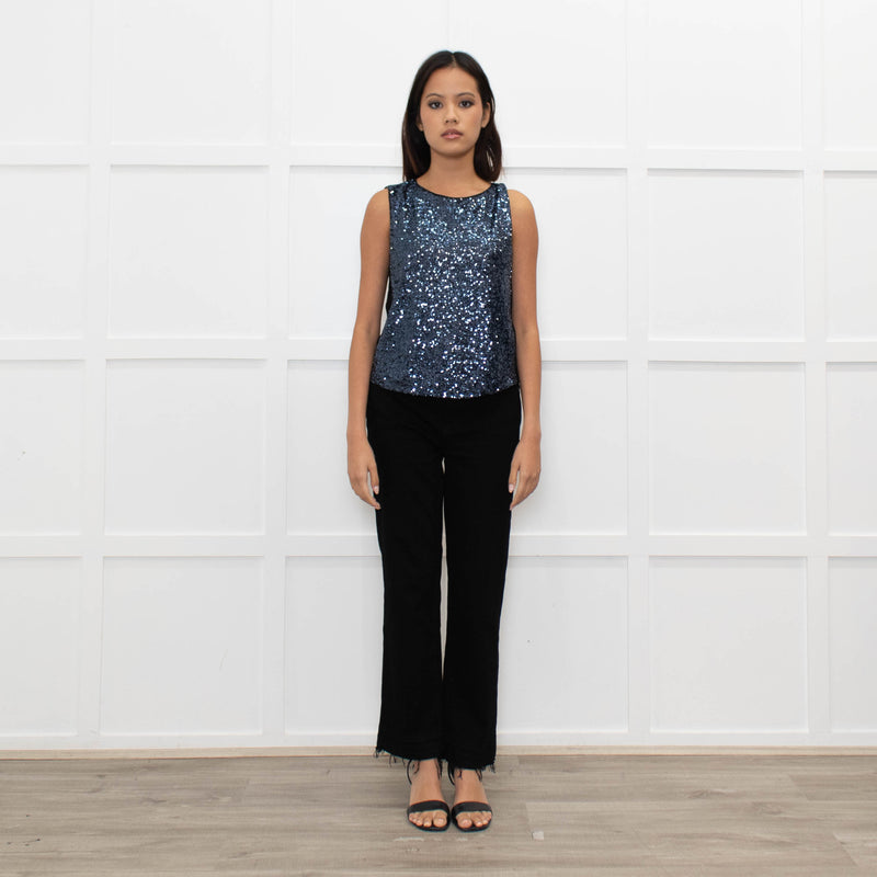 Maje Black Blue Front Sequins Sleeveless Top