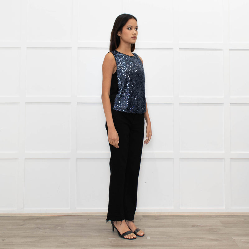 Maje Black Blue Front Sequins Sleeveless Top