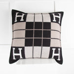 Hermes Avalon Black and Taupe Check Cashmere Cushion