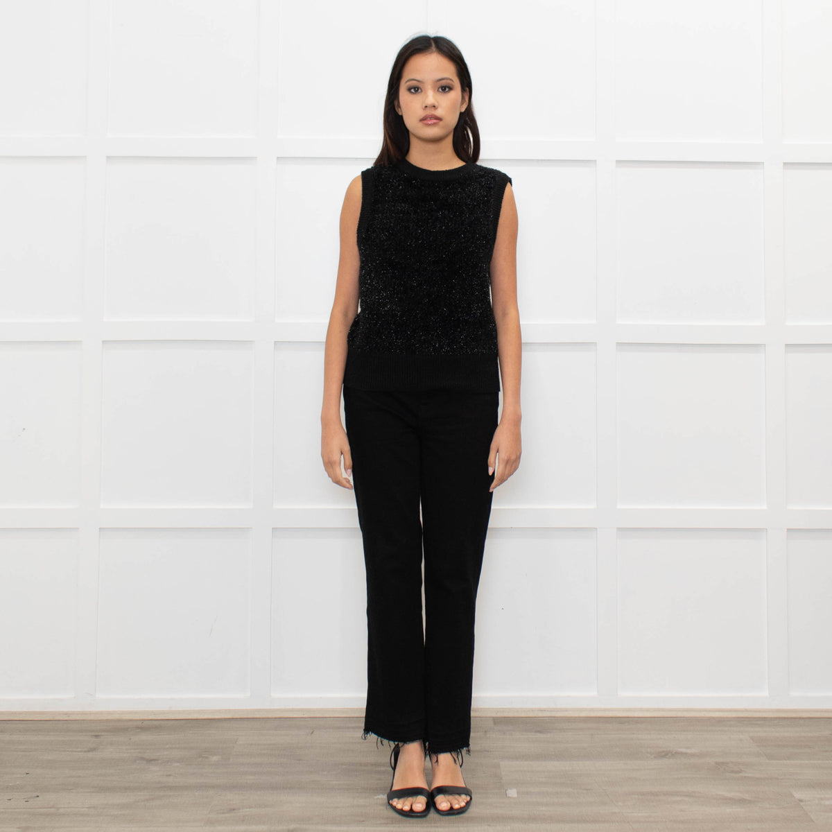 Ganni Black Lurex Tie Neck Sleeveless Knitted Top