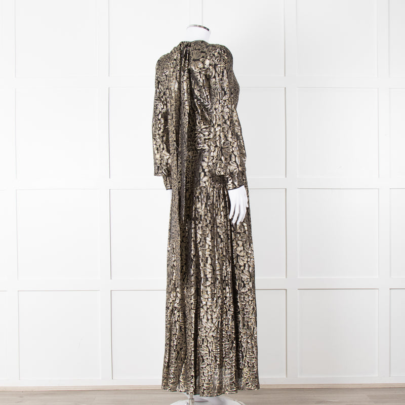 Me + Em Black Gold Long Sleeve Belted Maxi Dress