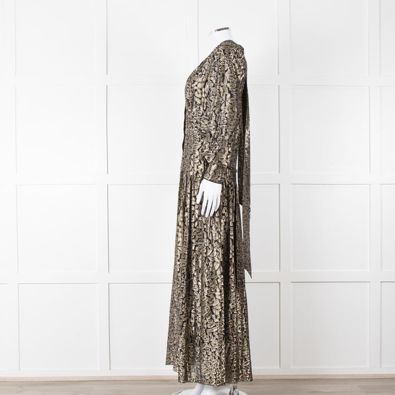Me + Em Black Gold Long Sleeve Belted Maxi Dress