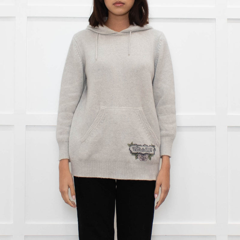 Coach Light Grey Cashmere Hooded Printed Sweater