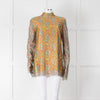 Etro Bronze and Turquoise Lace High Neck Blouse with Yellow Lining