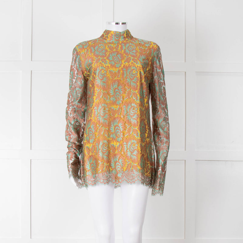 Etro Bronze and Turquoise Lace High Neck Blouse with Yellow Lining