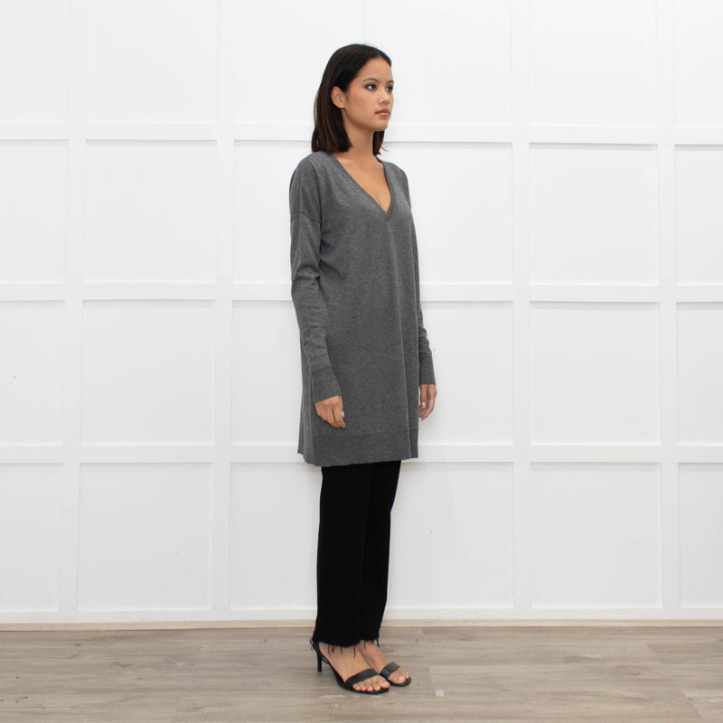 Joseph Grey V-Neck Wool Blend Fine Knit Long Jumper