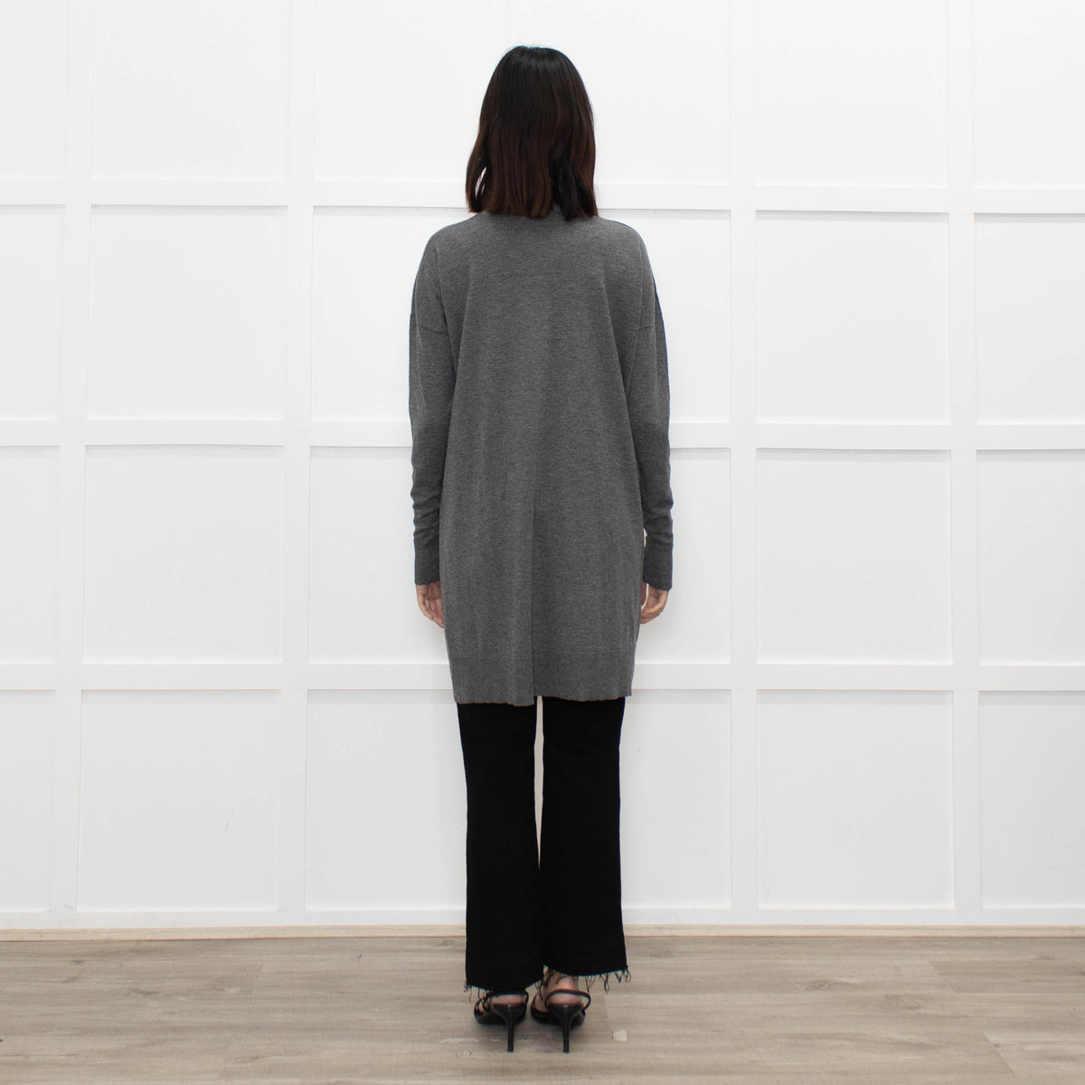 Joseph Grey V-Neck Wool Blend Fine Knit Long Jumper