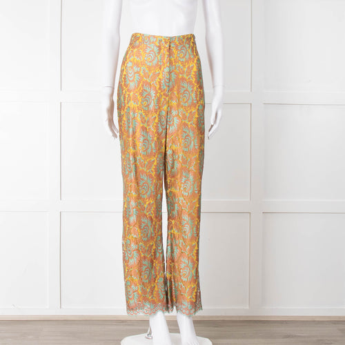 Etro Bronze and Turquoise Lace Trousers with Yellow Lining