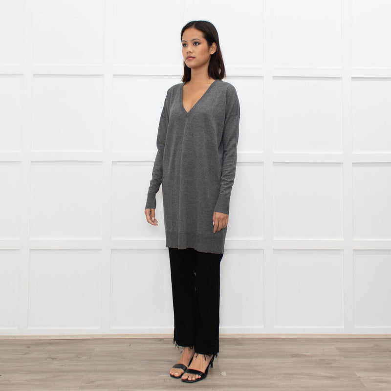 Joseph Grey V-Neck Wool Blend Fine Knit Long Jumper