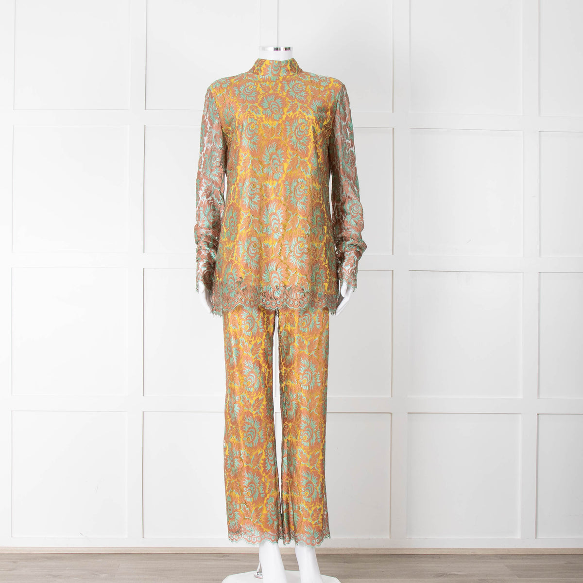 Etro Bronze and Turquoise Lace High Neck Blouse with Yellow Lining