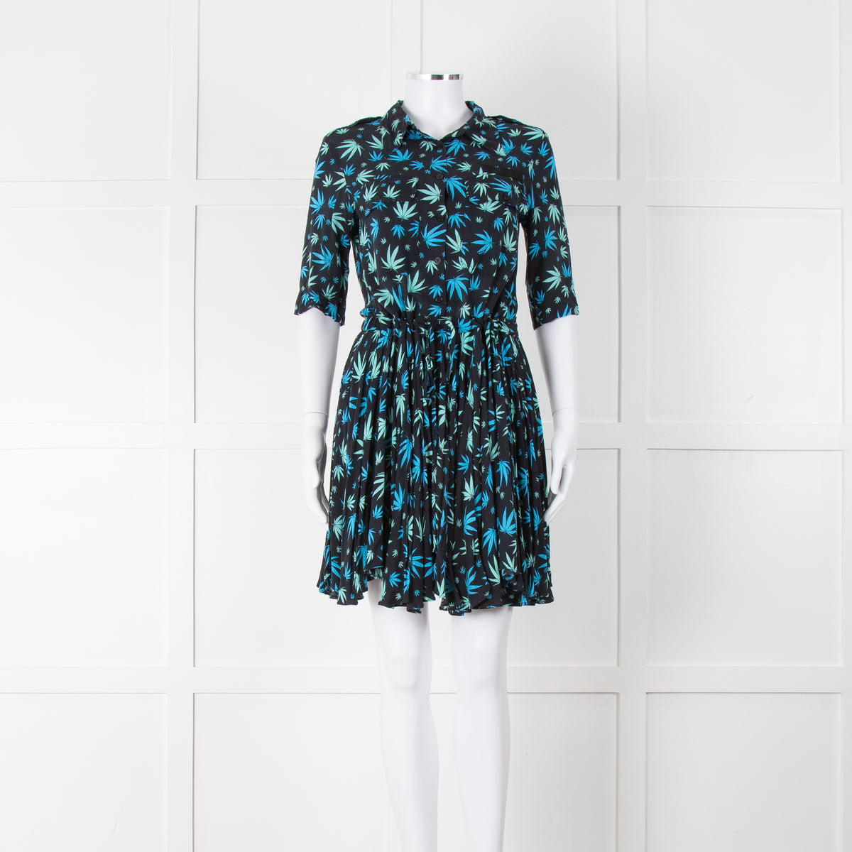 Zadig & Voltaire Blue and Green Leaf Print Button Up Mini Dress