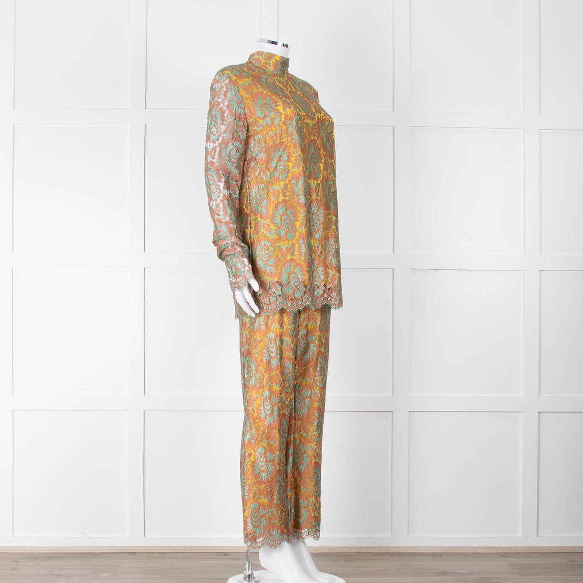Etro Bronze and Turquoise Lace High Neck Blouse with Yellow Lining