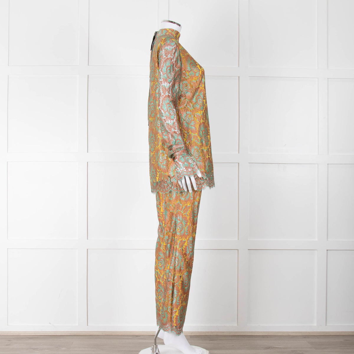 Etro Bronze and Turquoise Lace High Neck Blouse with Yellow Lining