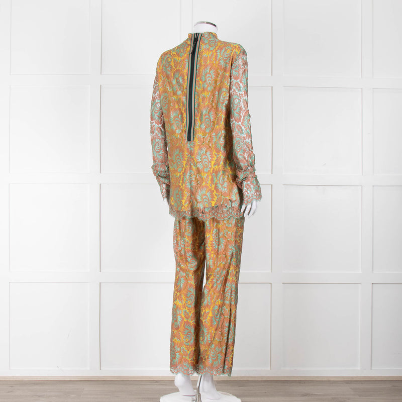 Etro Bronze and Turquoise Lace Trousers with Yellow Lining