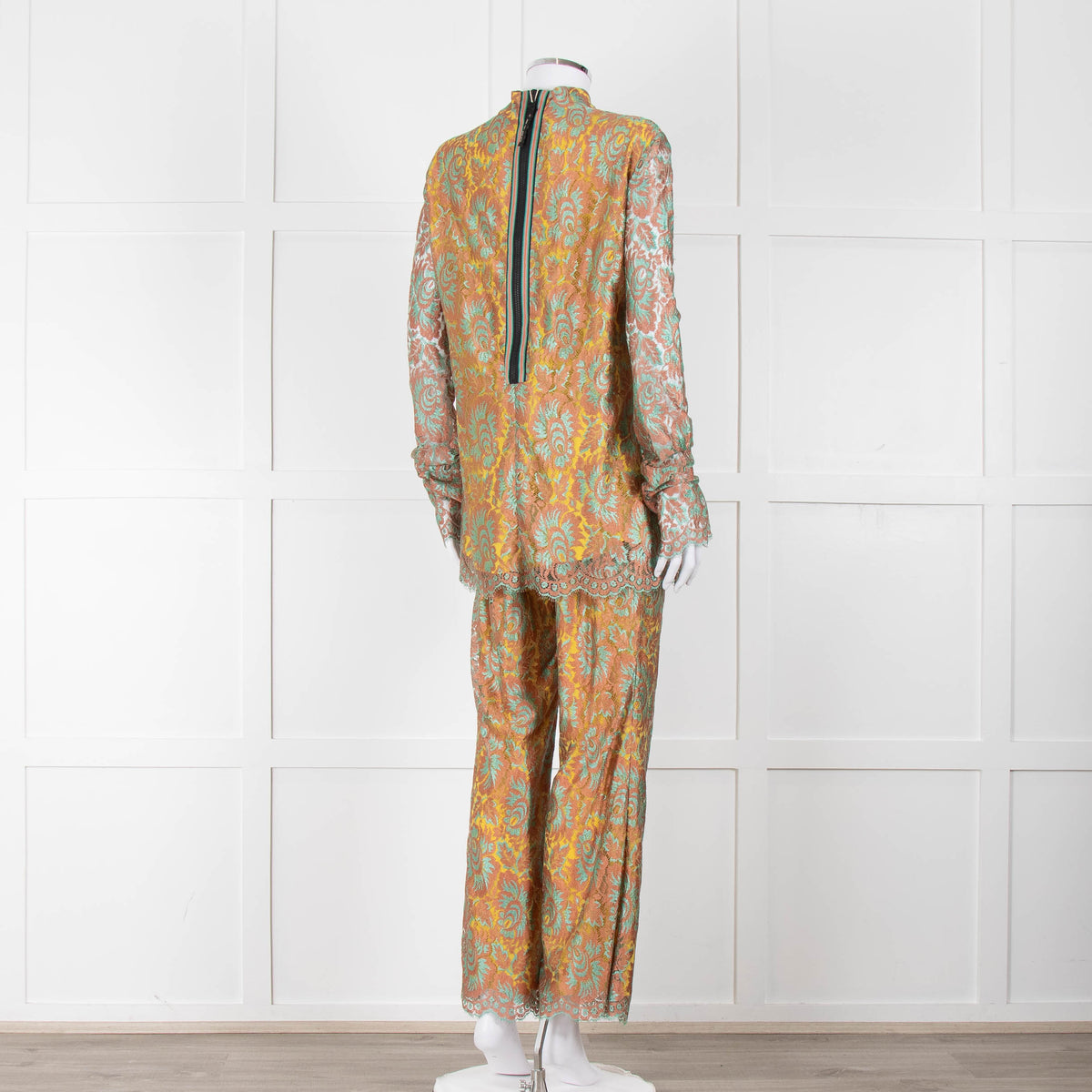 Etro Bronze and Turquoise Lace High Neck Blouse with Yellow Lining