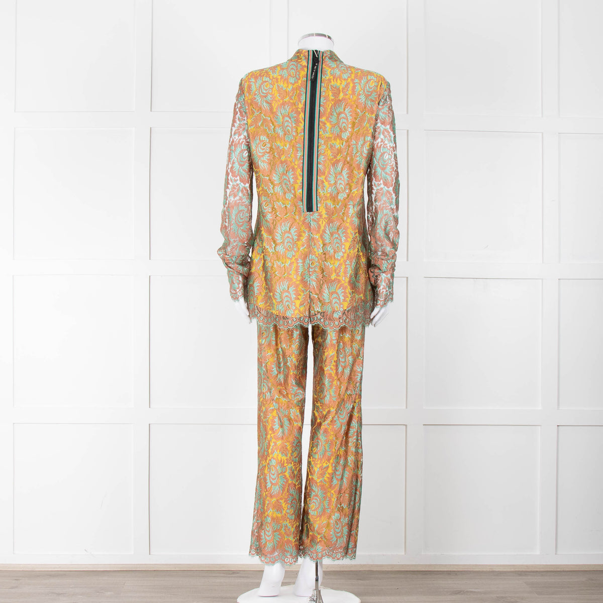 Etro Bronze and Turquoise Lace High Neck Blouse with Yellow Lining