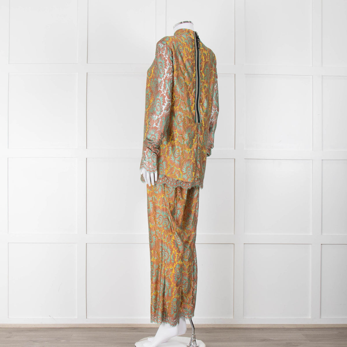 Etro Bronze and Turquoise Lace High Neck Blouse with Yellow Lining