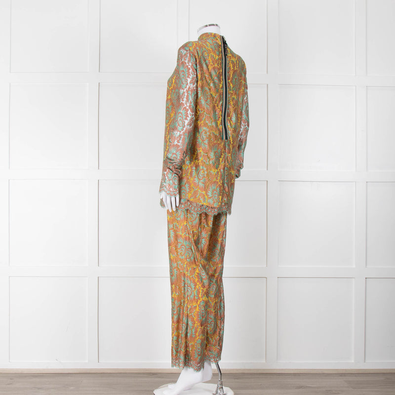 Etro Bronze and Turquoise Lace Trousers with Yellow Lining