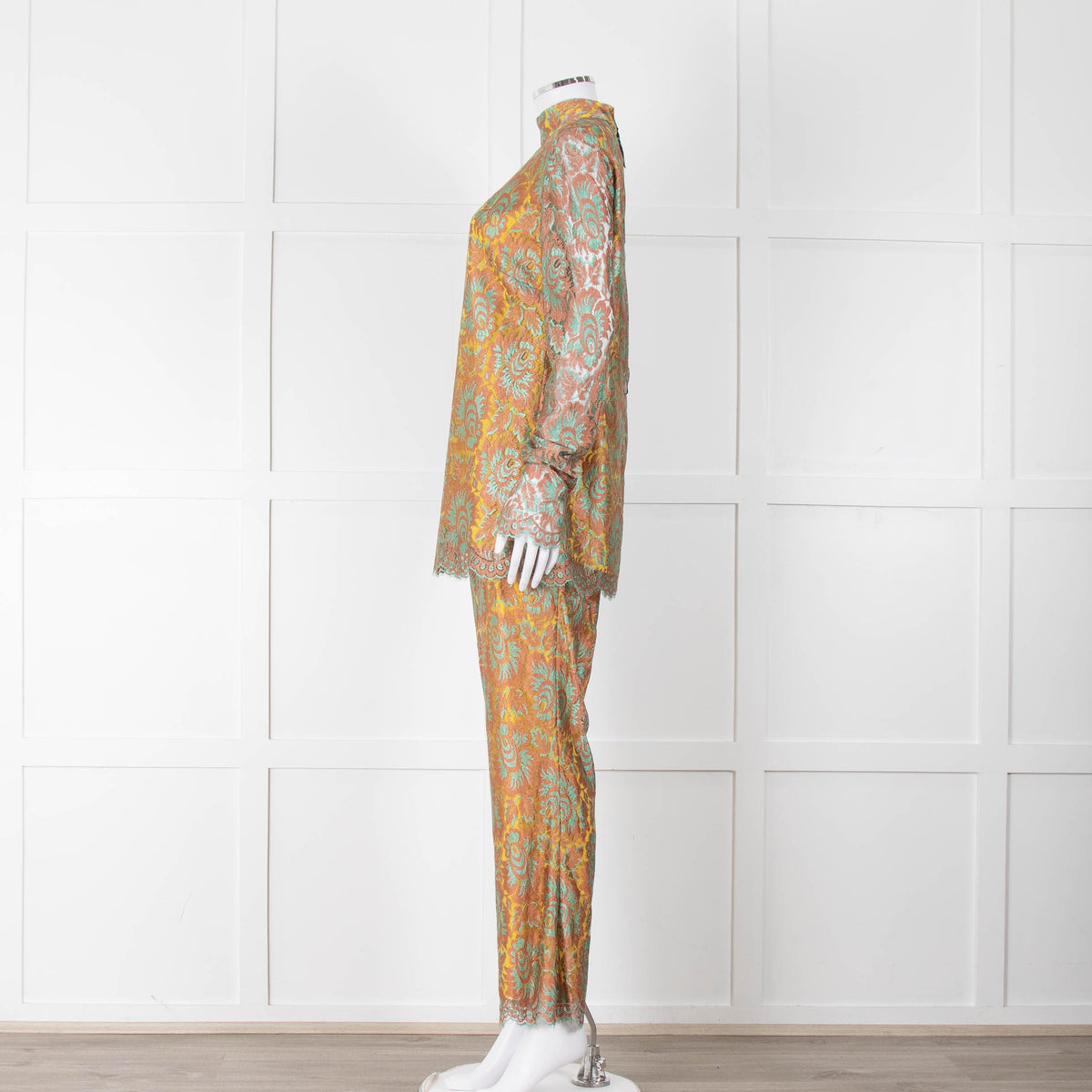 Etro Bronze and Turquoise Lace High Neck Blouse with Yellow Lining