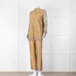 Etro Bronze and Turquoise Lace Trousers with Yellow Lining