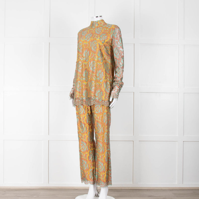 Etro Bronze and Turquoise Lace Trousers with Yellow Lining