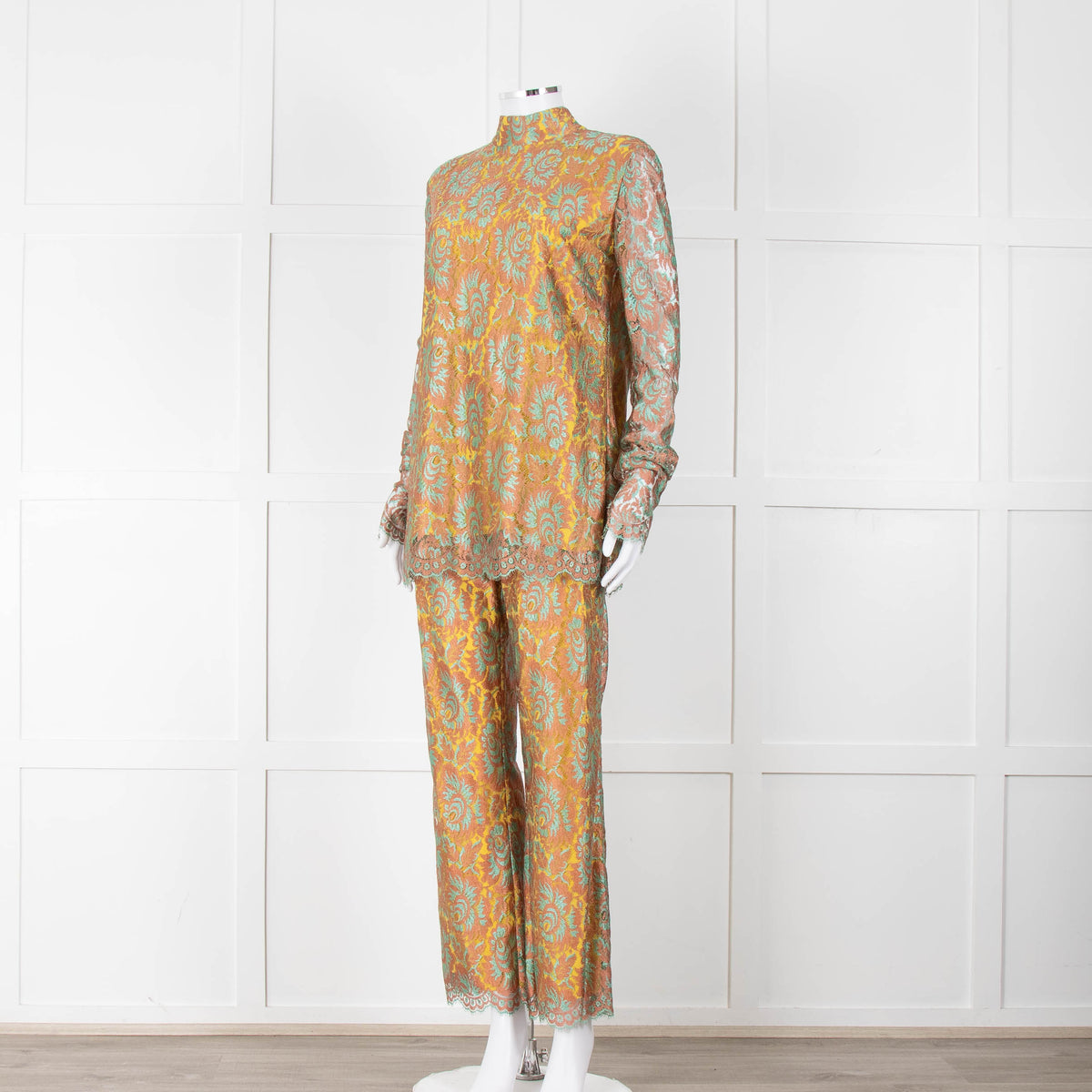 Etro Bronze and Turquoise Lace High Neck Blouse with Yellow Lining