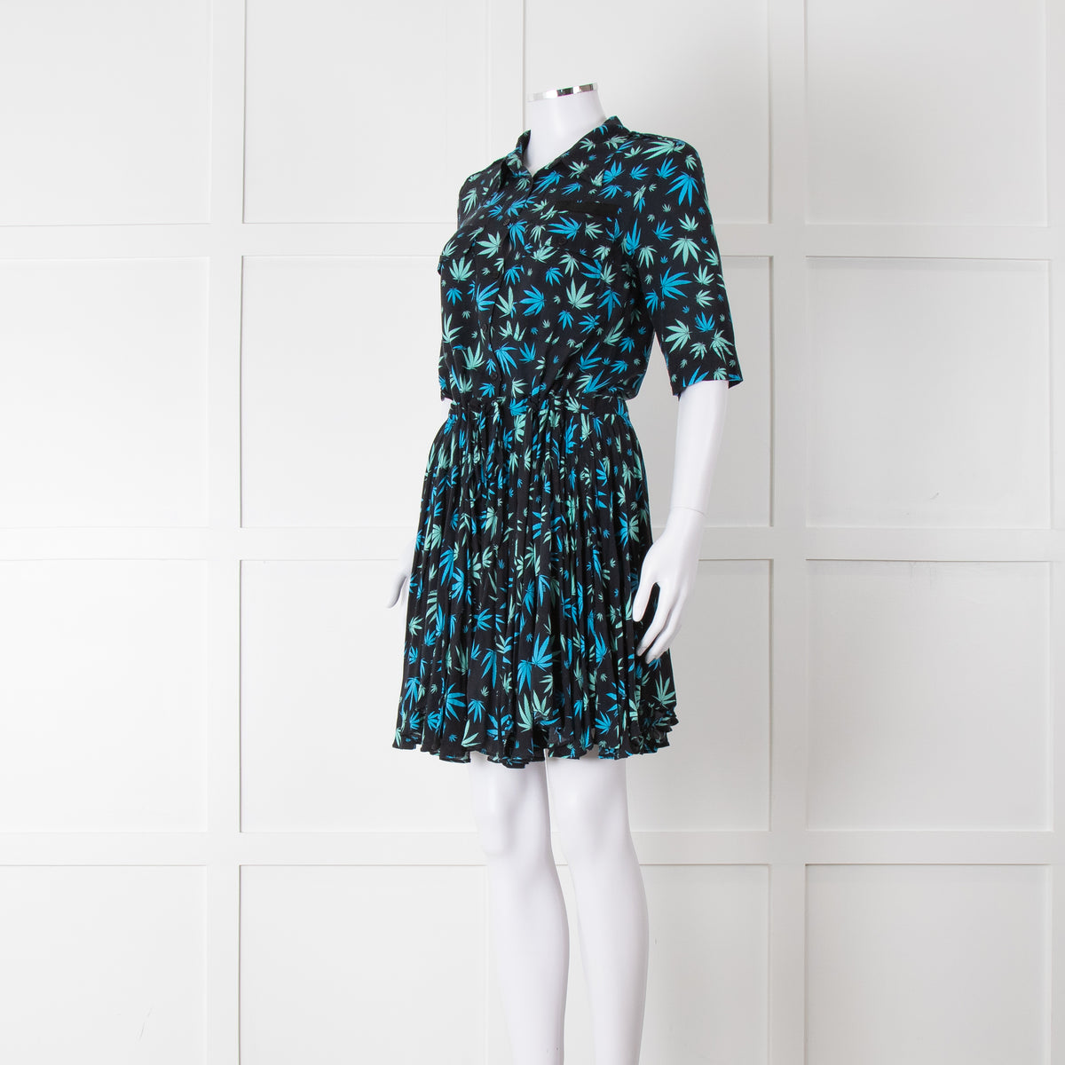 Zadig & Voltaire Blue and Green Leaf Print Button Up Mini Dress