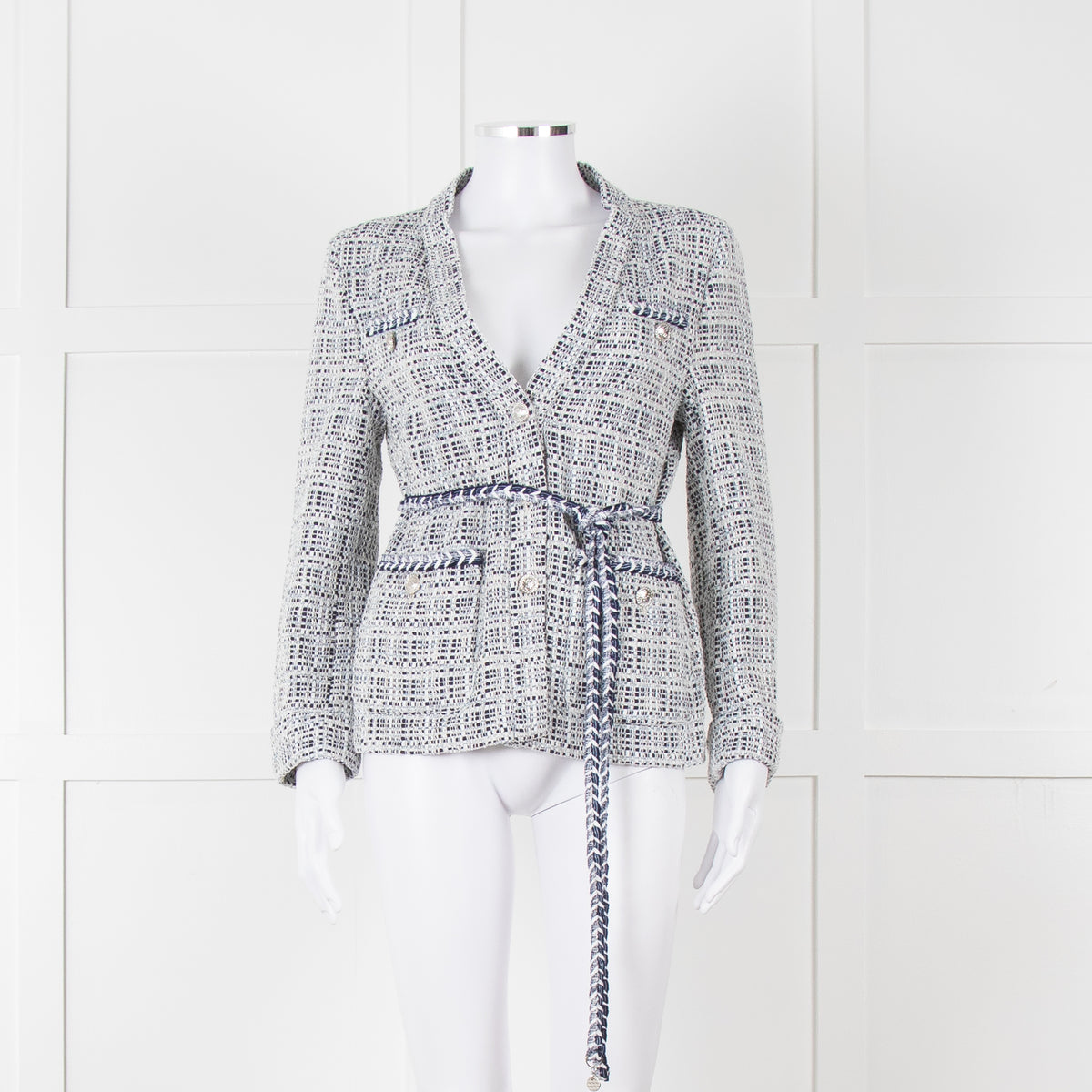 Maje Navy White Silver Buttons Tweedy Belted Jacket