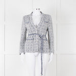 Maje Navy White Silver Buttons Tweedy Belted Jacket