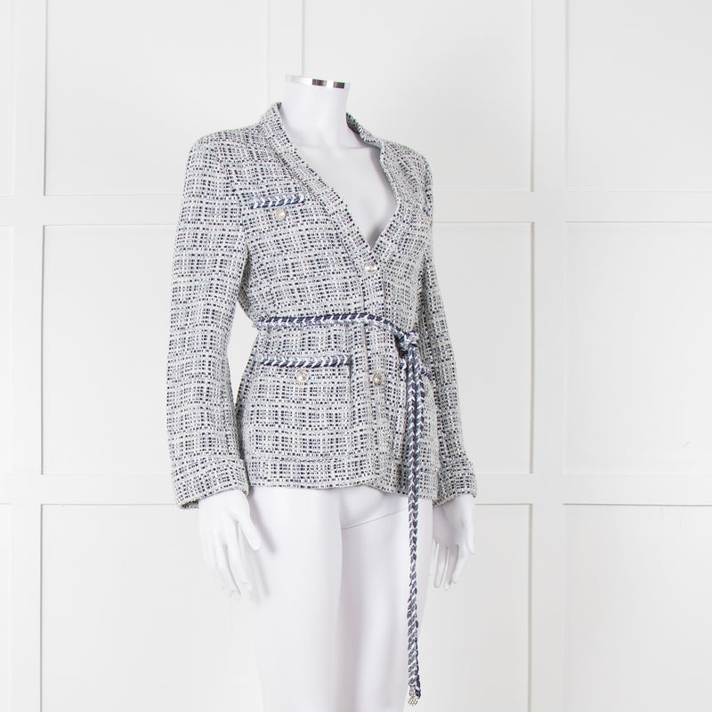 Maje Navy White Silver Buttons Tweedy Belted Jacket
