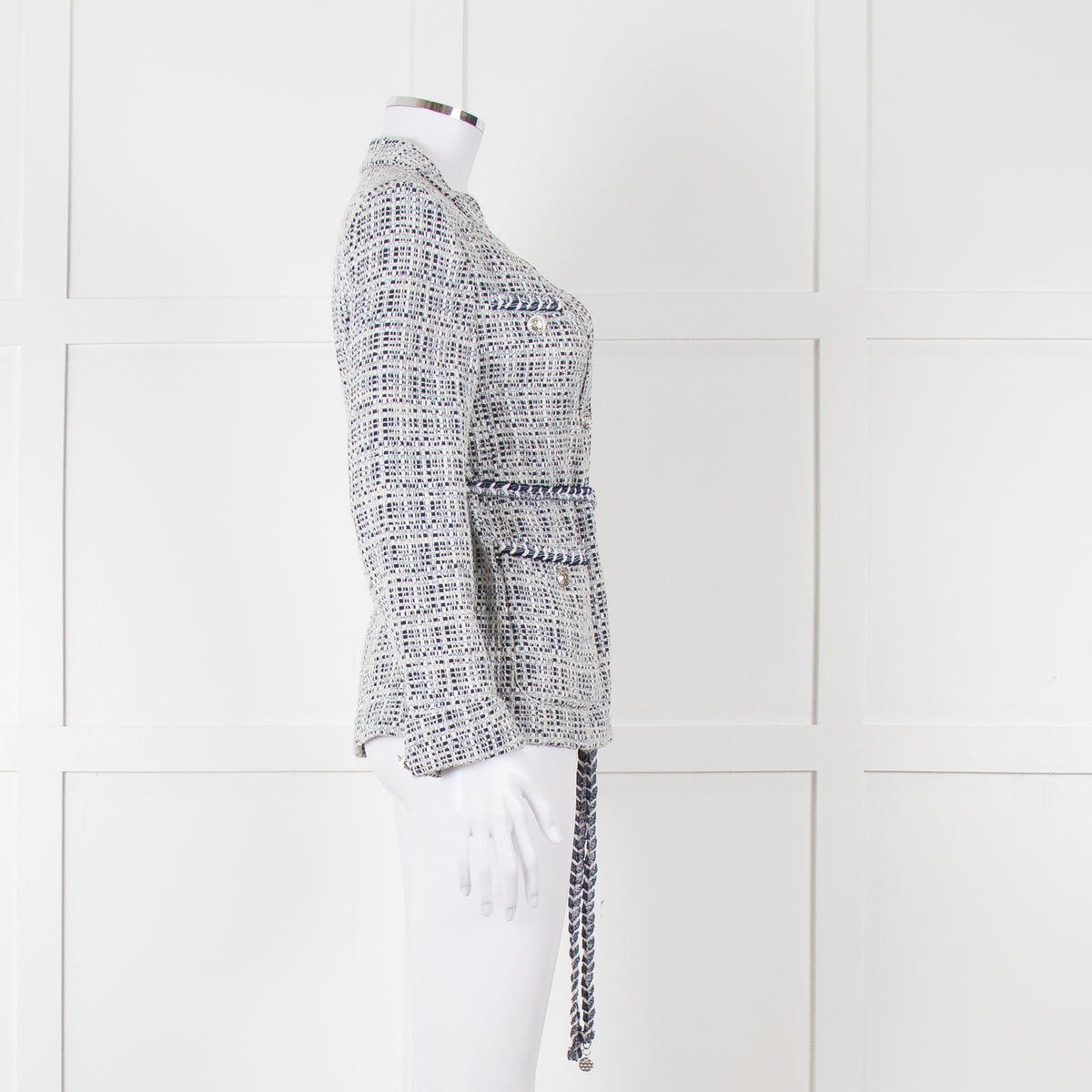 Maje Navy White Silver Buttons Tweedy Belted Jacket