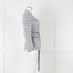 Maje Navy White Silver Buttons Tweedy Belted Jacket