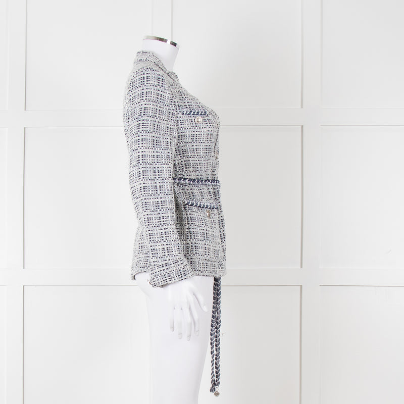 Maje Navy White Silver Buttons Tweedy Belted Jacket