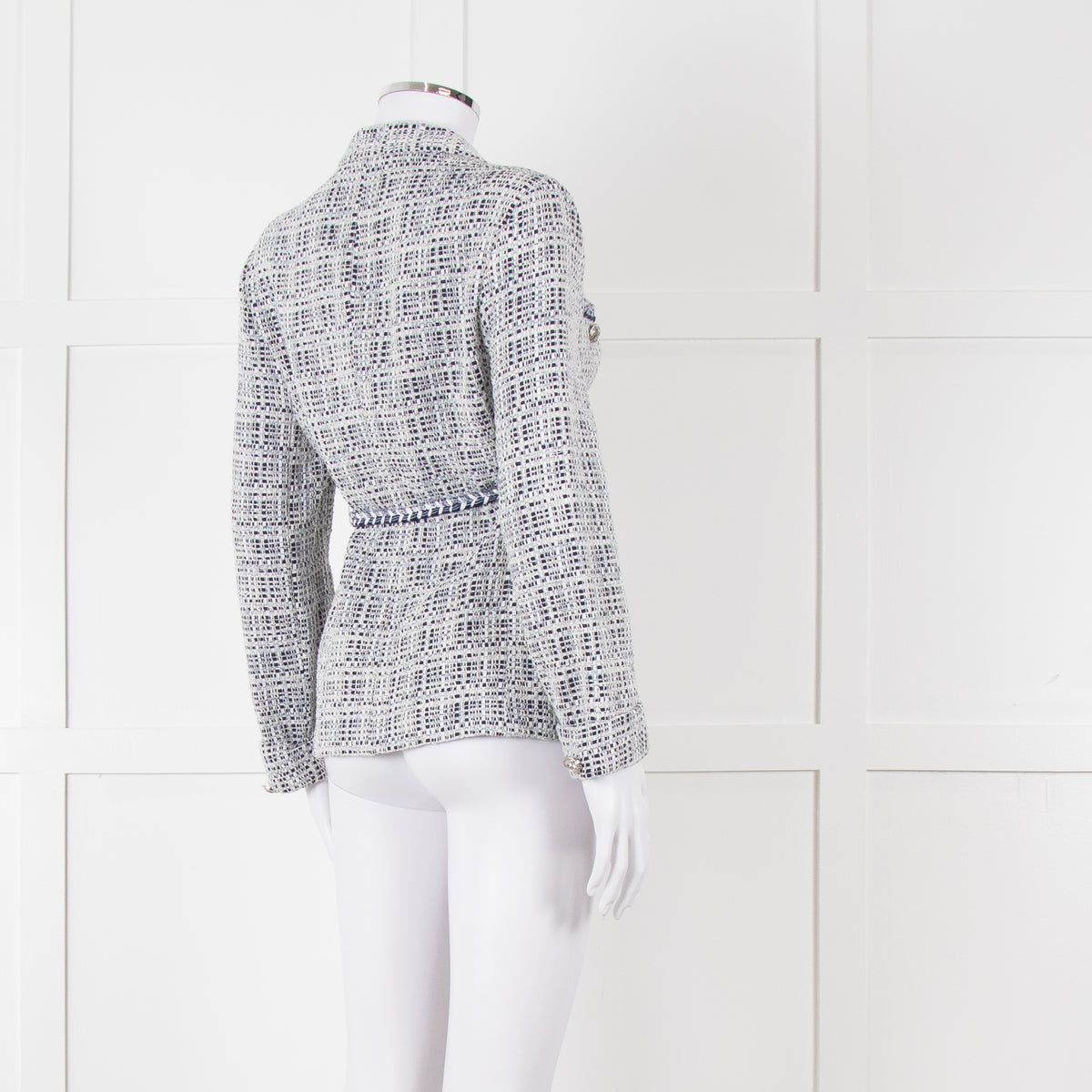 Maje Navy White Silver Buttons Tweedy Belted Jacket