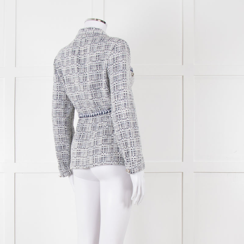 Maje Navy White Silver Buttons Tweedy Belted Jacket