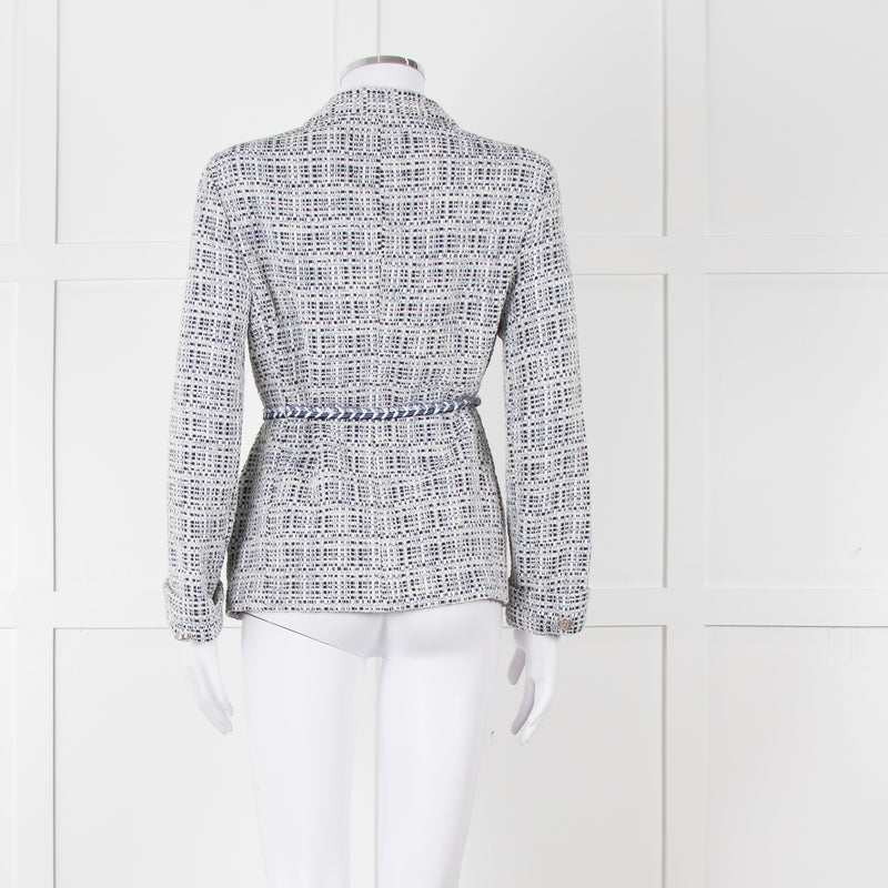 Maje Navy White Silver Buttons Tweedy Belted Jacket