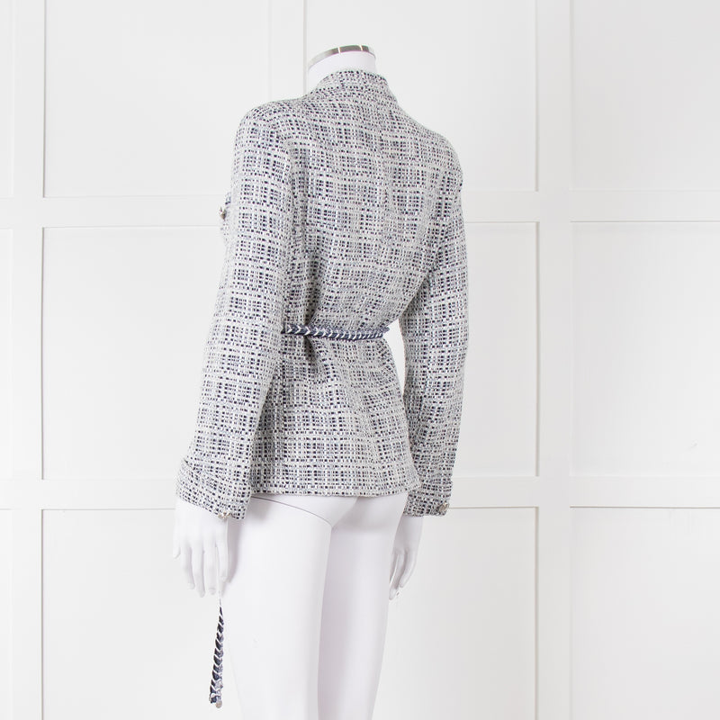 Maje Navy White Silver Buttons Tweedy Belted Jacket