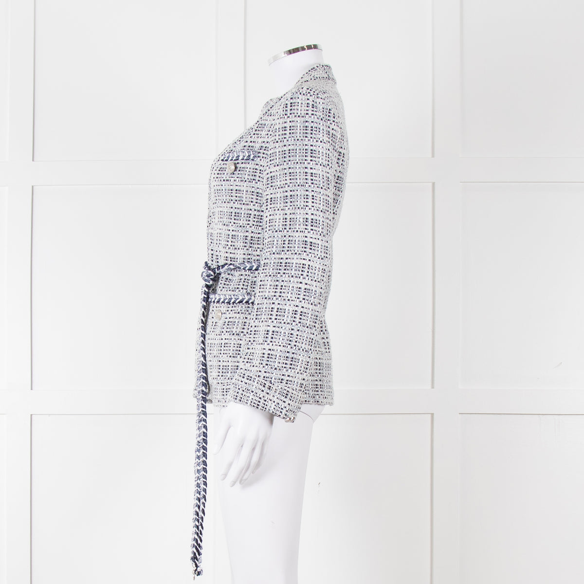 Maje Navy White Silver Buttons Tweedy Belted Jacket