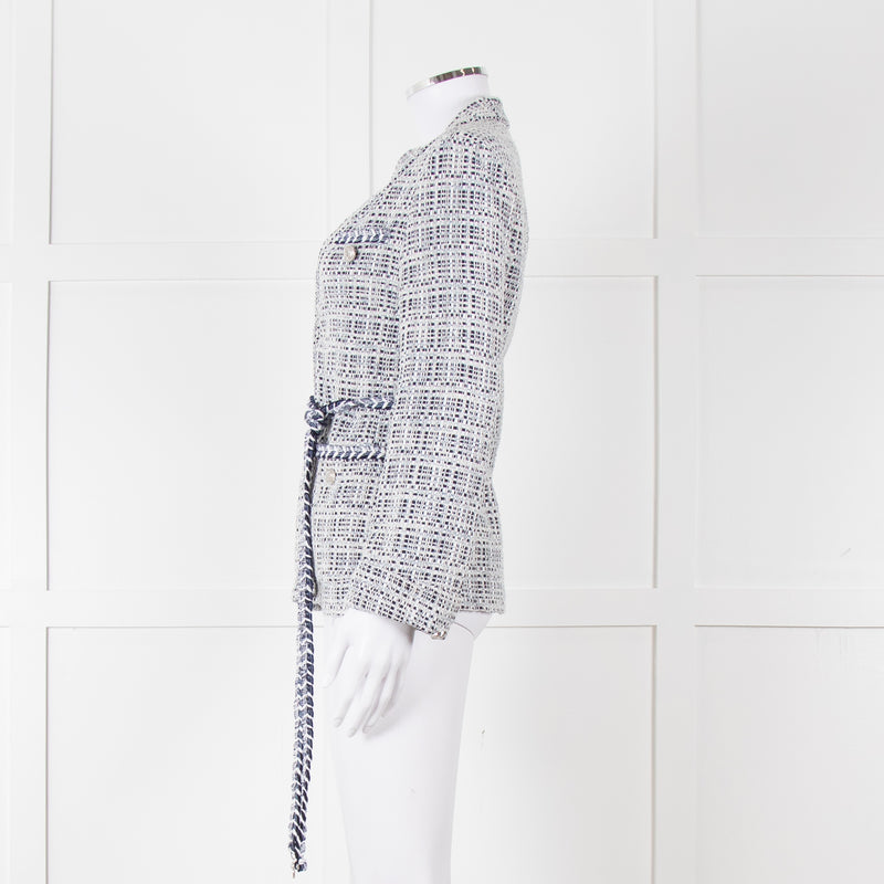 Maje Navy White Silver Buttons Tweedy Belted Jacket