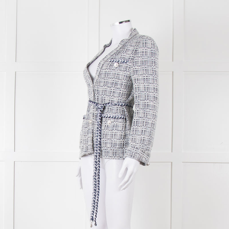 Maje Navy White Silver Buttons Tweedy Belted Jacket