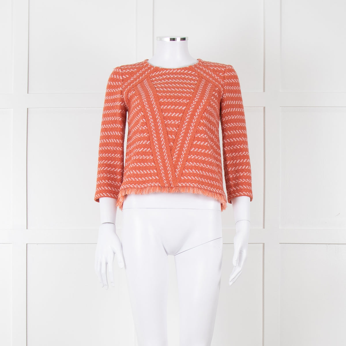 Maje Orange Cream Woven Back Button Fringe Top